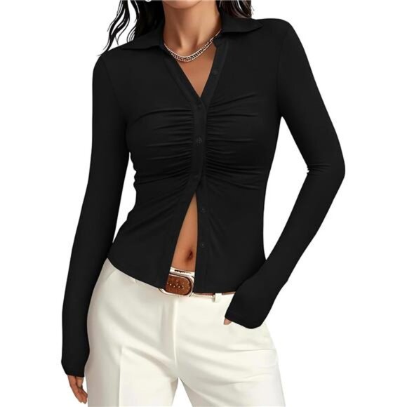 Womens Button Down Shirts V Neck Slim Fit Black - Picture 1 of 5